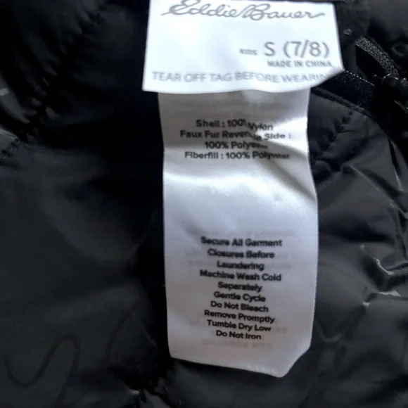 NWT Eddie Bauer Youth Boys Reversible Hooded Puffer Fleece Black Gray Jacket S